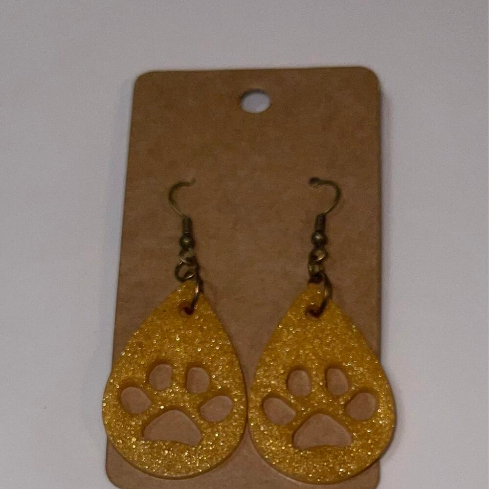 Handmade epoxy resin paw print earrings -‎ mustard yellow-gold shimmer